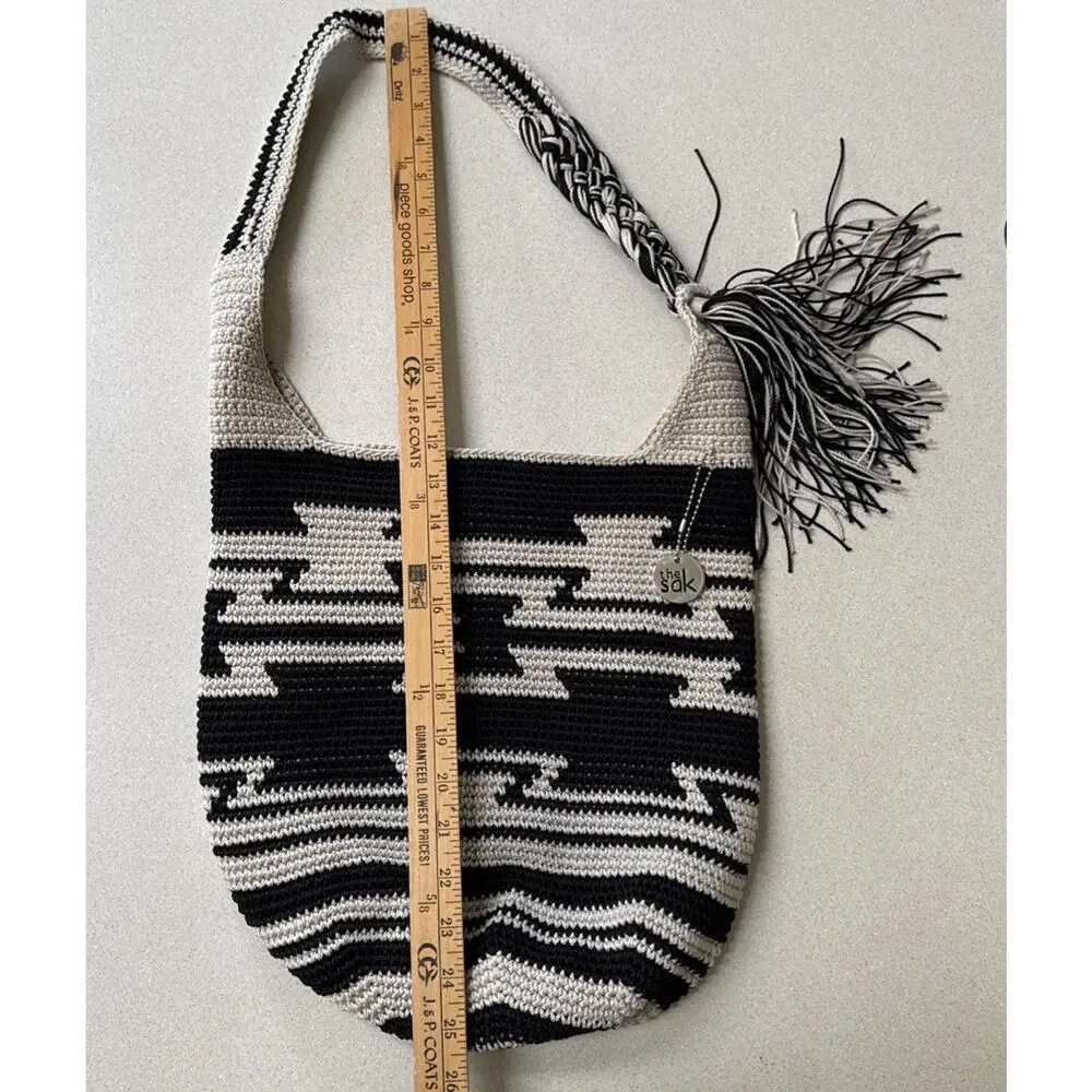 The Sak Ragam Handmade Crochet Back to Bali 120 Hobo Bag Black & Tan Boho Hippie